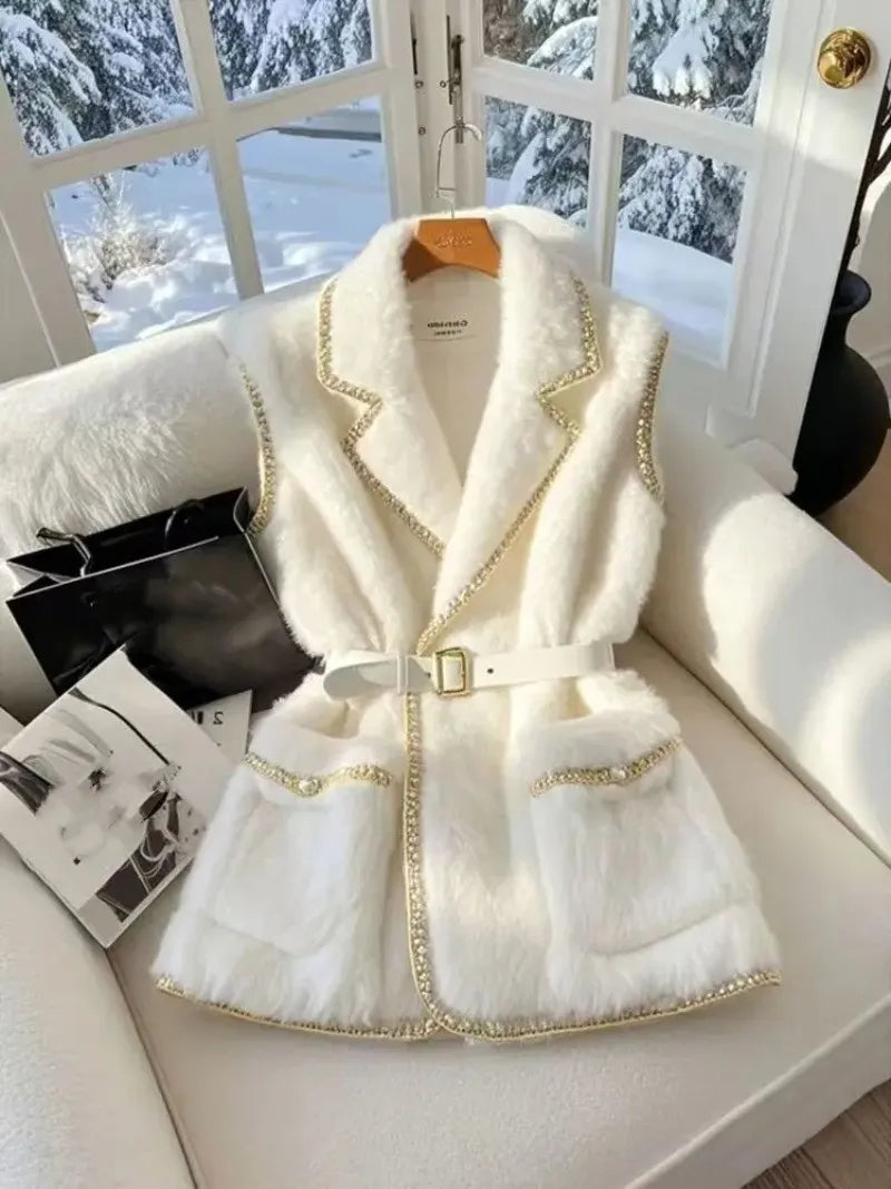 White Collar Lambhair Vest Coat Women Waist Sleeveless Waistcoat Outerwear