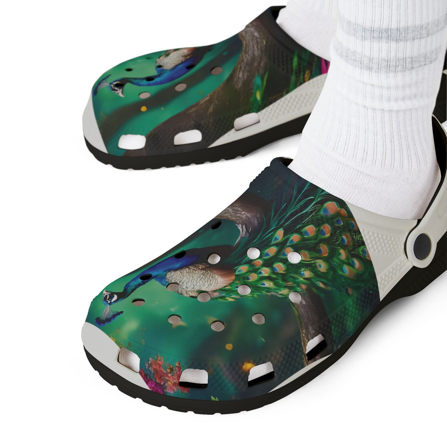 Peacock Print EVA Foam Clogs — Lightweight Garden & Beach Slip-Ons