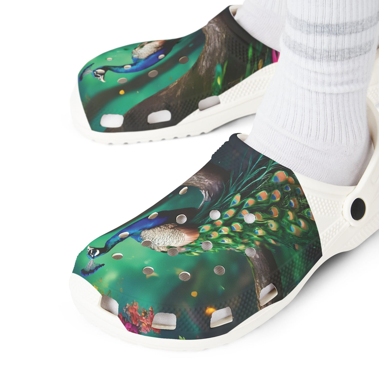 Peacock Print EVA Foam Clogs — Lightweight Garden & Beach Slip-Ons
