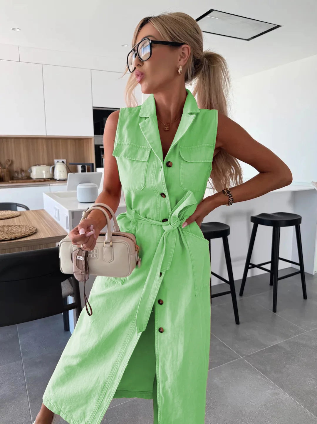 Casual Loose Sleeveless Denim Dresses Lapel V-neck Solid Color Waistband Belt Cotton Button Cardigan Shirt Dress