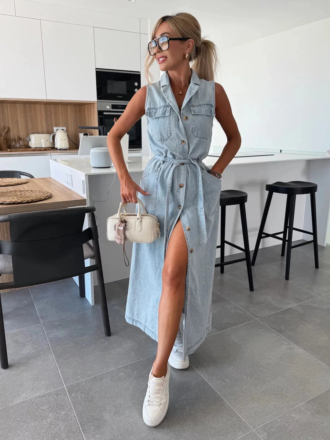 Casual Loose Sleeveless Denim Dresses Lapel V-neck Solid Color Waistband Belt Cotton Button Cardigan Shirt Dress