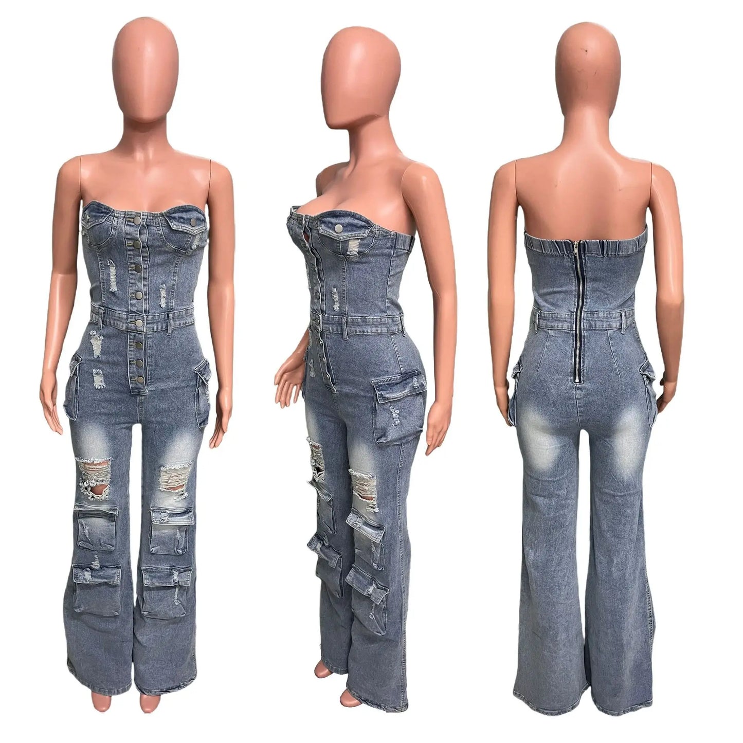 Sexy Street Style Bra Waistband Denim Workwear  Bodysuit Middle Waist Pockets Ripped Wide-Leg Jumpsuit