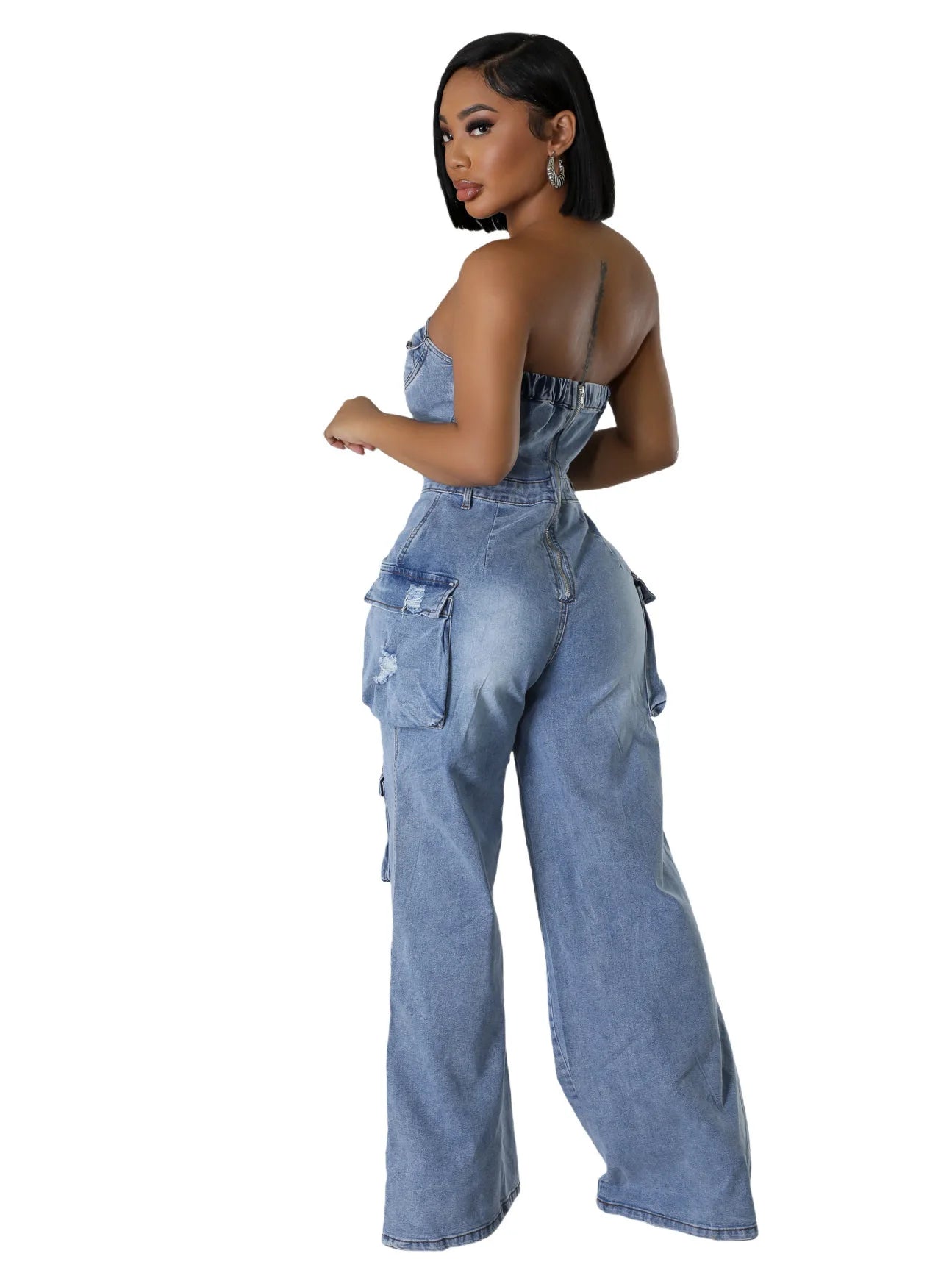 Sexy Street Style Bra Waistband Denim Workwear  Bodysuit Middle Waist Pockets Ripped Wide-Leg Jumpsuit