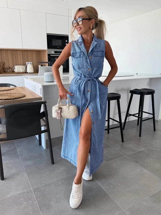 Casual Loose Sleeveless Denim Dresses Lapel V-neck Solid Color Waistband Belt Cotton Button Cardigan Shirt Dress
