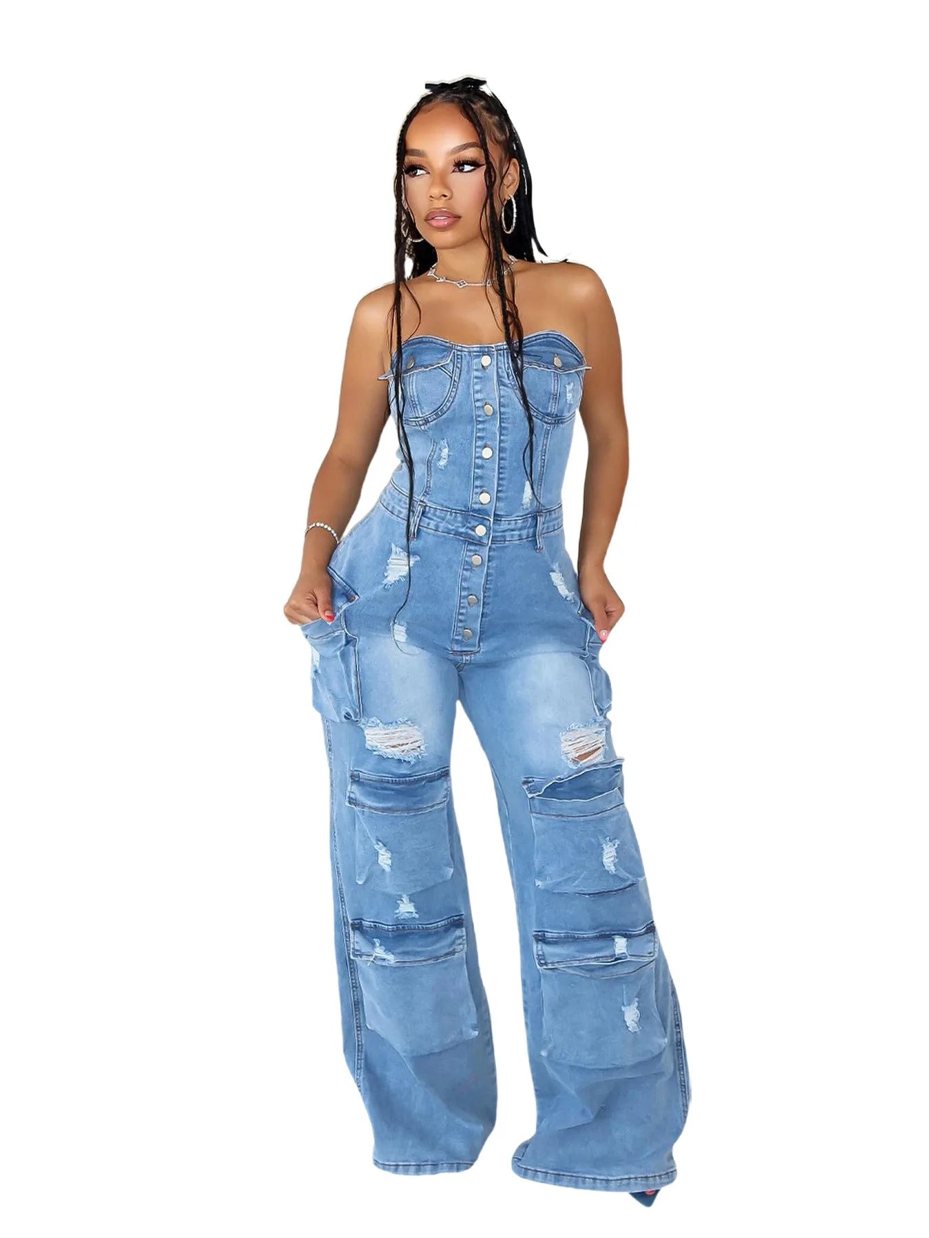 Sexy Street Style Bra Waistband Denim Workwear  Bodysuit Middle Waist Pockets Ripped Wide-Leg Jumpsuit