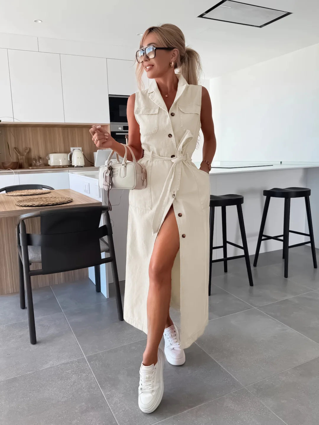 Casual Loose Sleeveless Denim Dresses Lapel V-neck Solid Color Waistband Belt Cotton Button Cardigan Shirt Dress