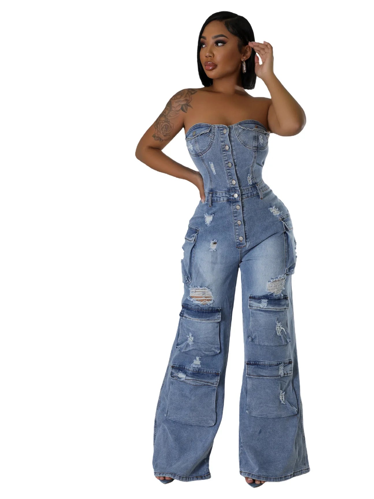 Sexy Street Style Bra Waistband Denim Workwear  Bodysuit Middle Waist Pockets Ripped Wide-Leg Jumpsuit