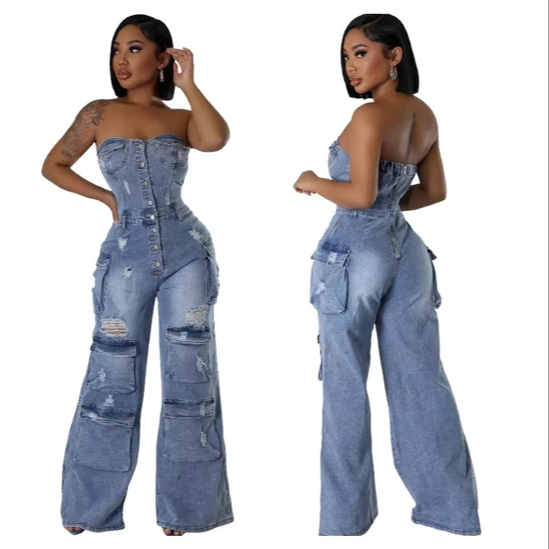Sexy Street Style Bra Waistband Denim Workwear  Bodysuit Middle Waist Pockets Ripped Wide-Leg Jumpsuit