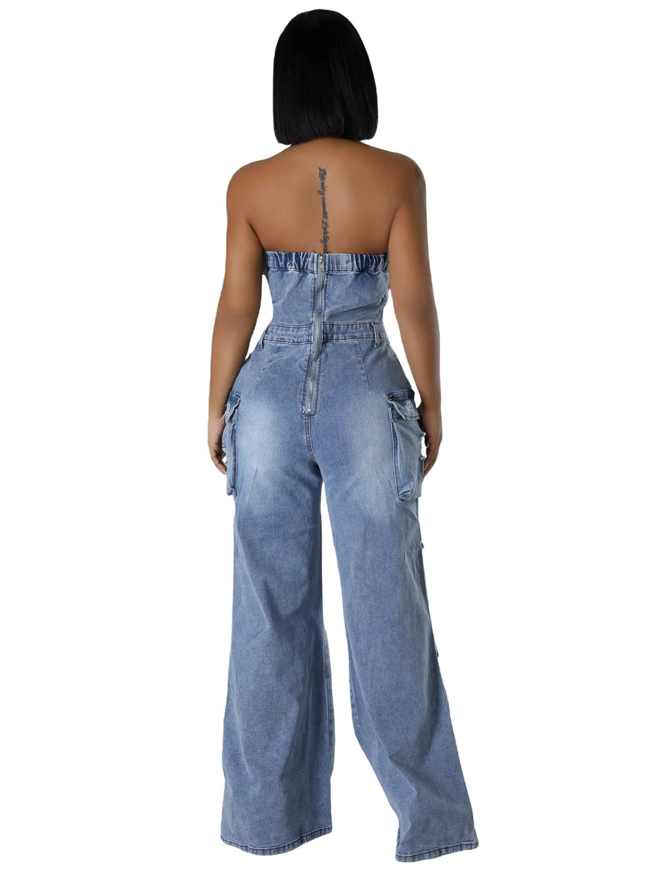 Sexy Street Style Bra Waistband Denim Workwear  Bodysuit Middle Waist Pockets Ripped Wide-Leg Jumpsuit
