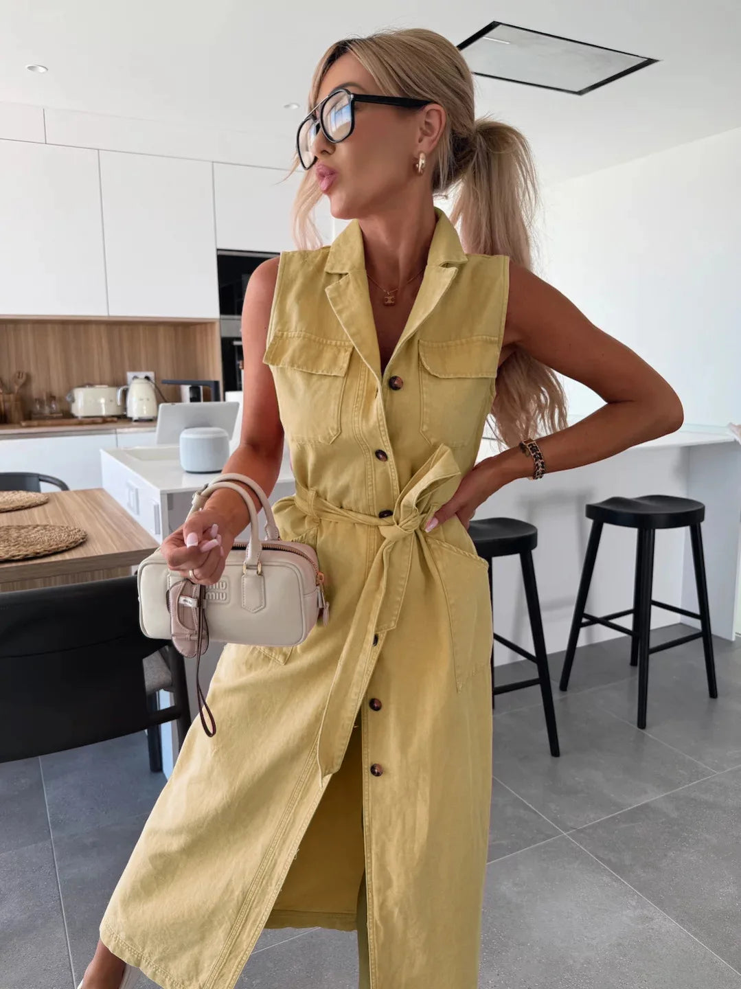 Casual Loose Sleeveless Denim Dresses Lapel V-neck Solid Color Waistband Belt Cotton Button Cardigan Shirt Dress