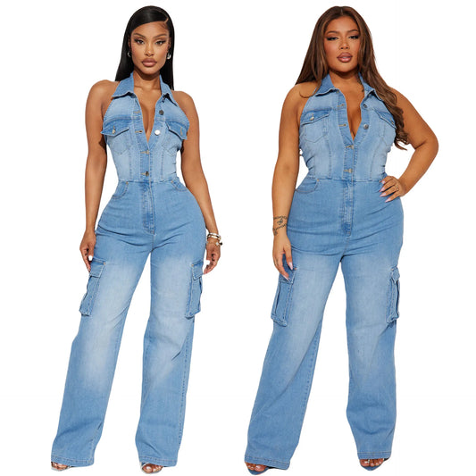 Women's Fashion Washed Denim Jumpsuit New Summer High Waist Street Workwear with Sexy Backless Lapel for Yoga Spring Occasions