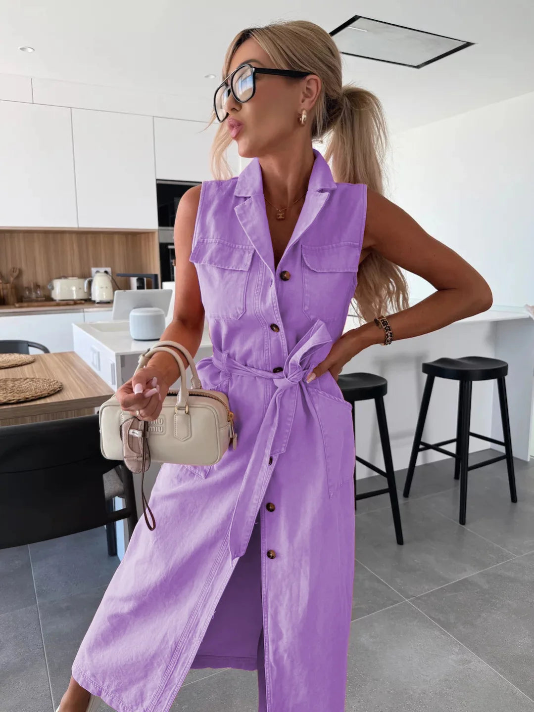 Casual Loose Sleeveless Denim Dresses Lapel V-neck Solid Color Waistband Belt Cotton Button Cardigan Shirt Dress