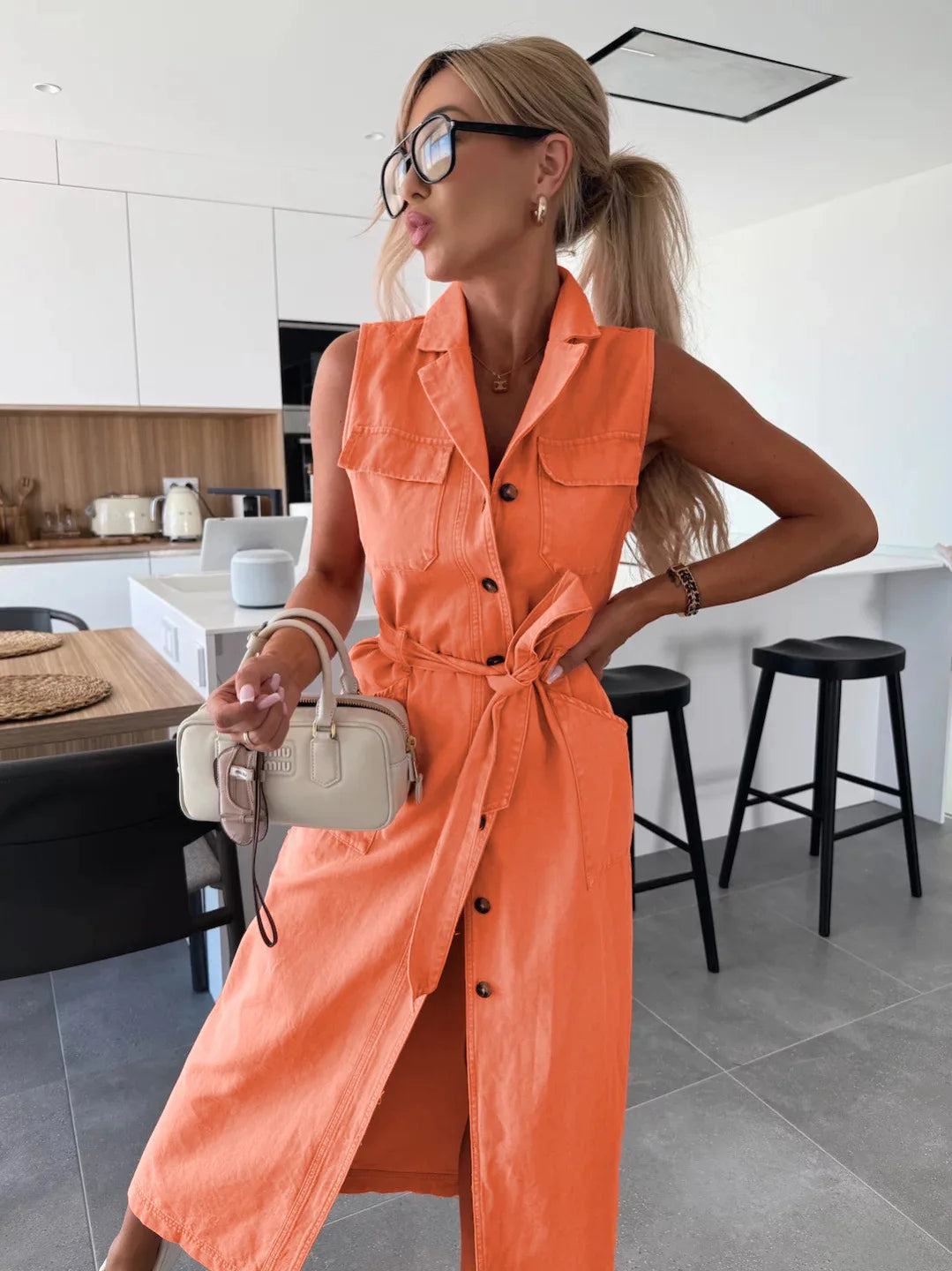 Casual Loose Sleeveless Denim Dresses Lapel V-neck Solid Color Waistband Belt Cotton Button Cardigan Shirt Dress
