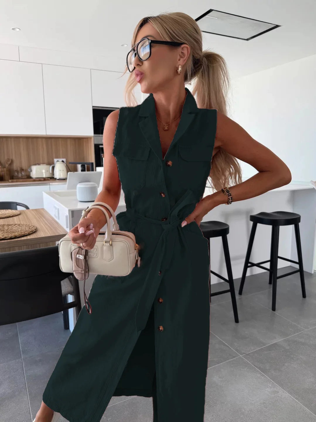 Casual Loose Sleeveless Denim Dresses Lapel V-neck Solid Color Waistband Belt Cotton Button Cardigan Shirt Dress