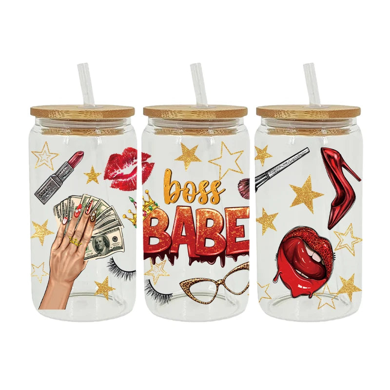 UV DTF Stickers Boos Lady Coffee Printed For 16oz Libbey Glasses Wraps D6987