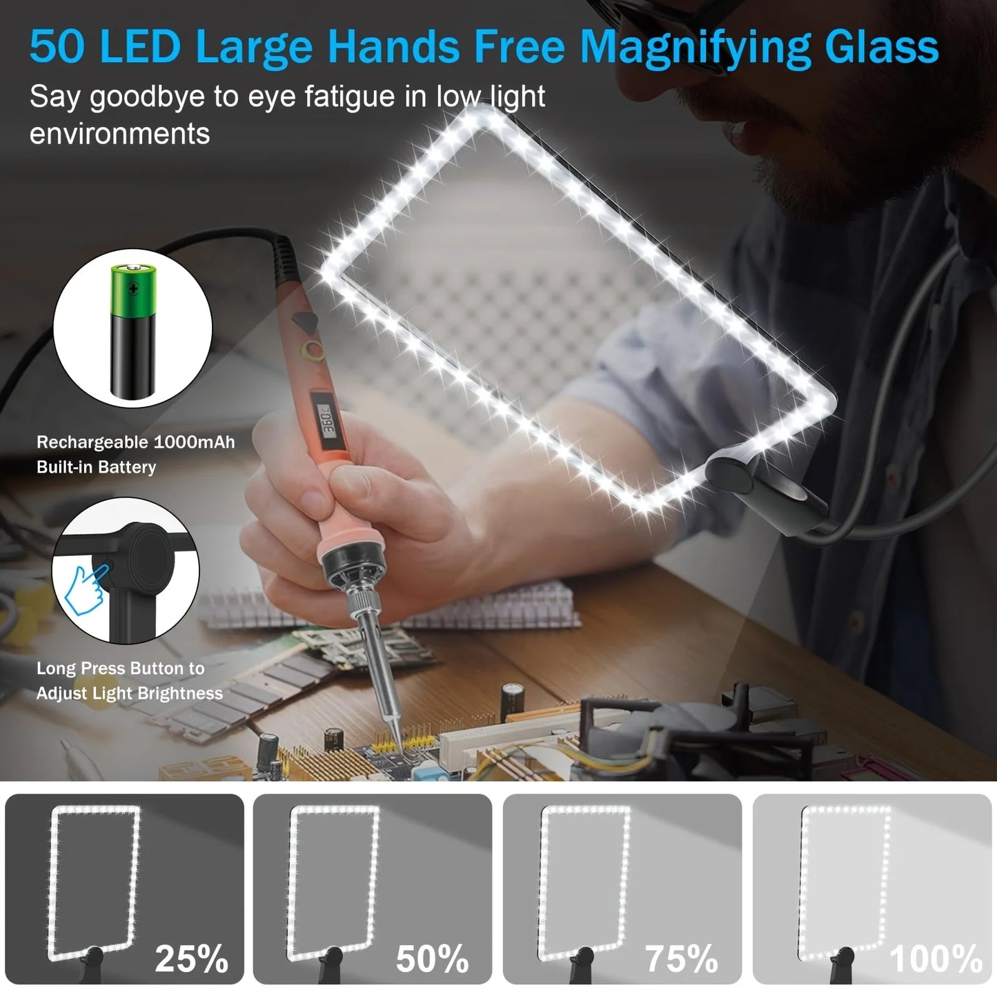 Large 10X Rechargeable Magnifying Glass with LED - Full Page for Reading