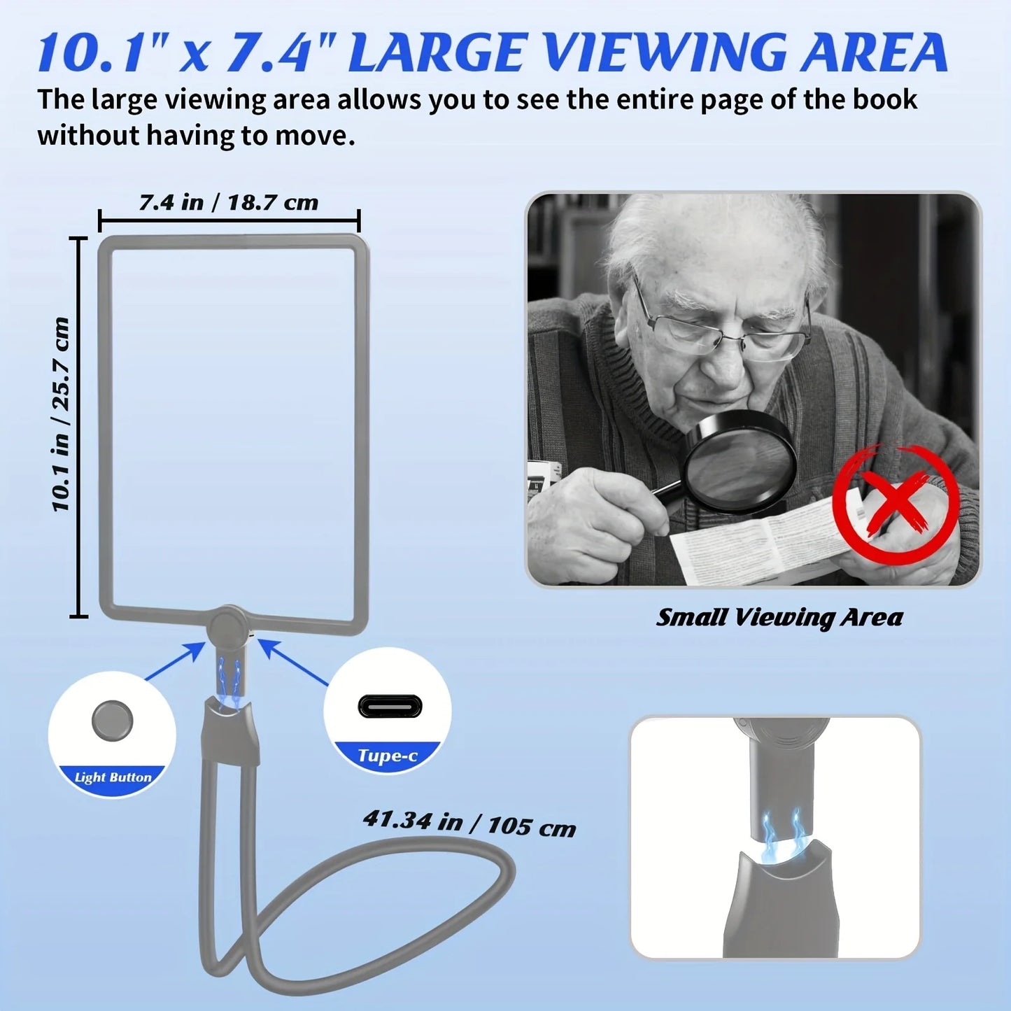 Large 10X Rechargeable Magnifying Glass with LED - Full Page for Reading