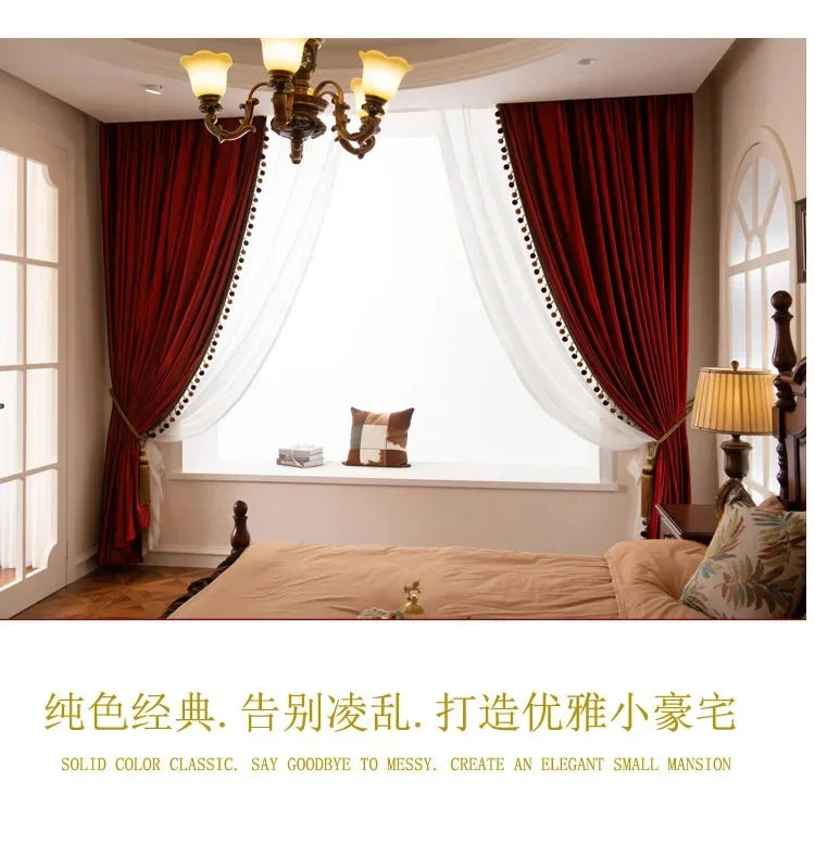 Custom Size European Luxury Retro Wine Red Glossy Velvet Curtains for Living Room Bedroom Window Blackout Decor White Tulle