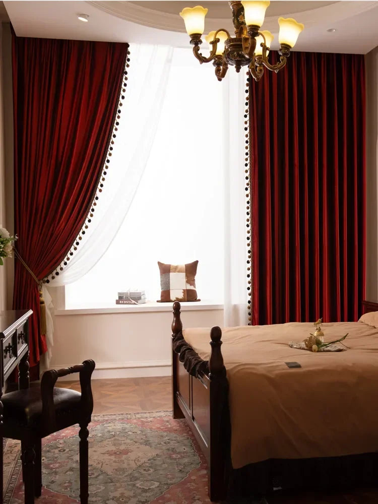 Custom Size European Luxury Retro Wine Red Glossy Velvet Curtains for Living Room Bedroom Window Blackout Decor White Tulle