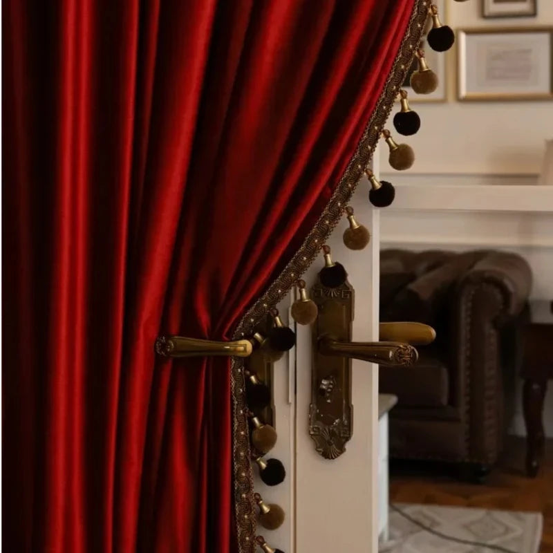 Custom Size European Luxury Retro Wine Red Glossy Velvet Curtains for Living Room Bedroom Window Blackout Decor White Tulle