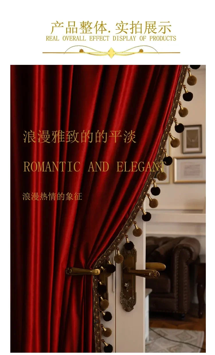 Custom Size European Luxury Retro Wine Red Glossy Velvet Curtains for Living Room Bedroom Window Blackout Decor White Tulle