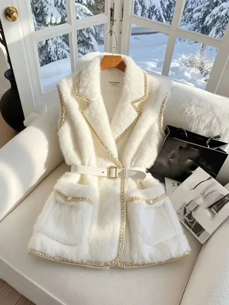 White Collar Lambhair Vest Coat Women Waist Sleeveless Waistcoat Outerwear