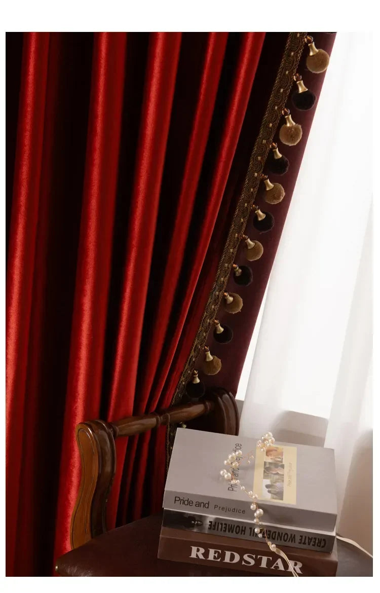 Custom Size European Luxury Retro Wine Red Glossy Velvet Curtains for Living Room Bedroom Window Blackout Decor White Tulle