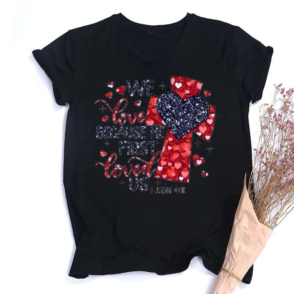 Valentine Print Female Short Sleeve T-shirt Lover Holiday Girls Tops T Shirt