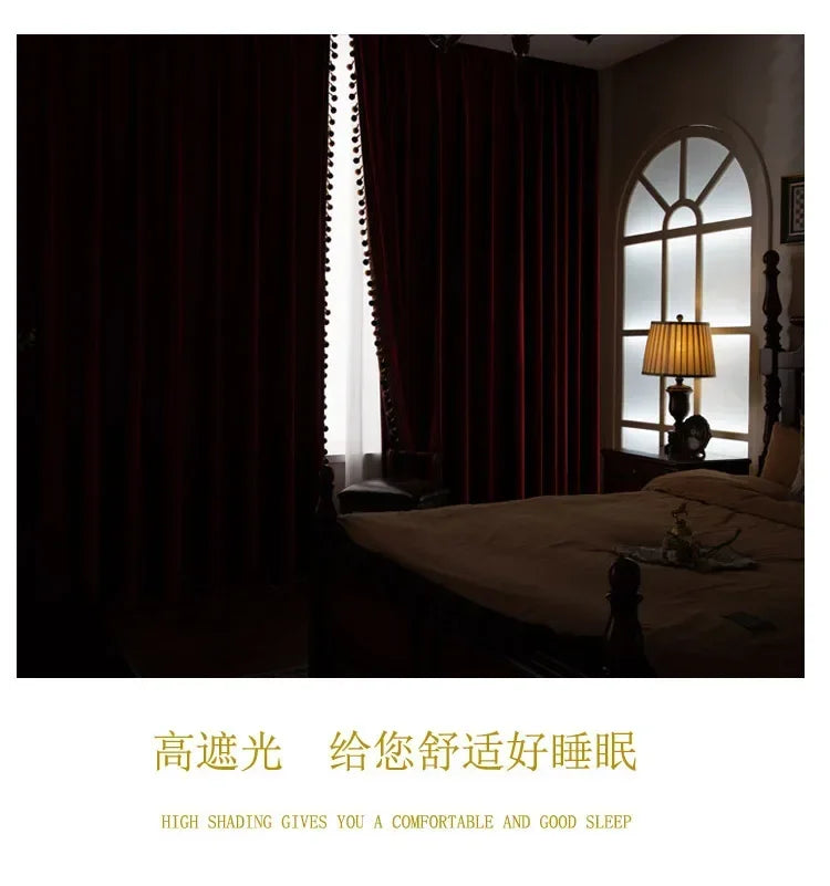 Custom Size European Luxury Retro Wine Red Glossy Velvet Curtains for Living Room Bedroom Window Blackout Decor White Tulle