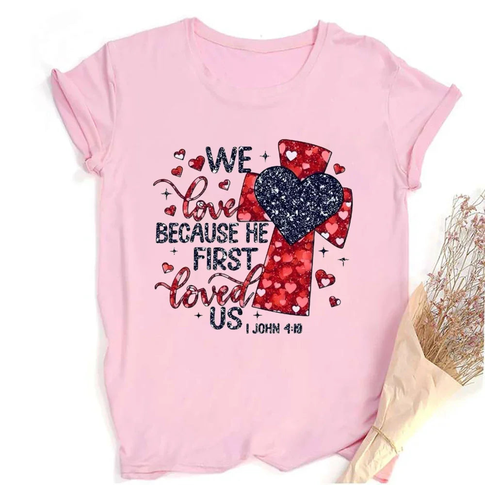 Valentine Print Female Short Sleeve T-shirt Lover Holiday Girls Tops T Shirt