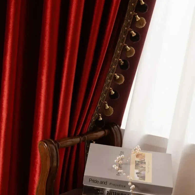 Custom Size European Luxury Retro Wine Red Glossy Velvet Curtains for Living Room Bedroom Window Blackout Decor White Tulle