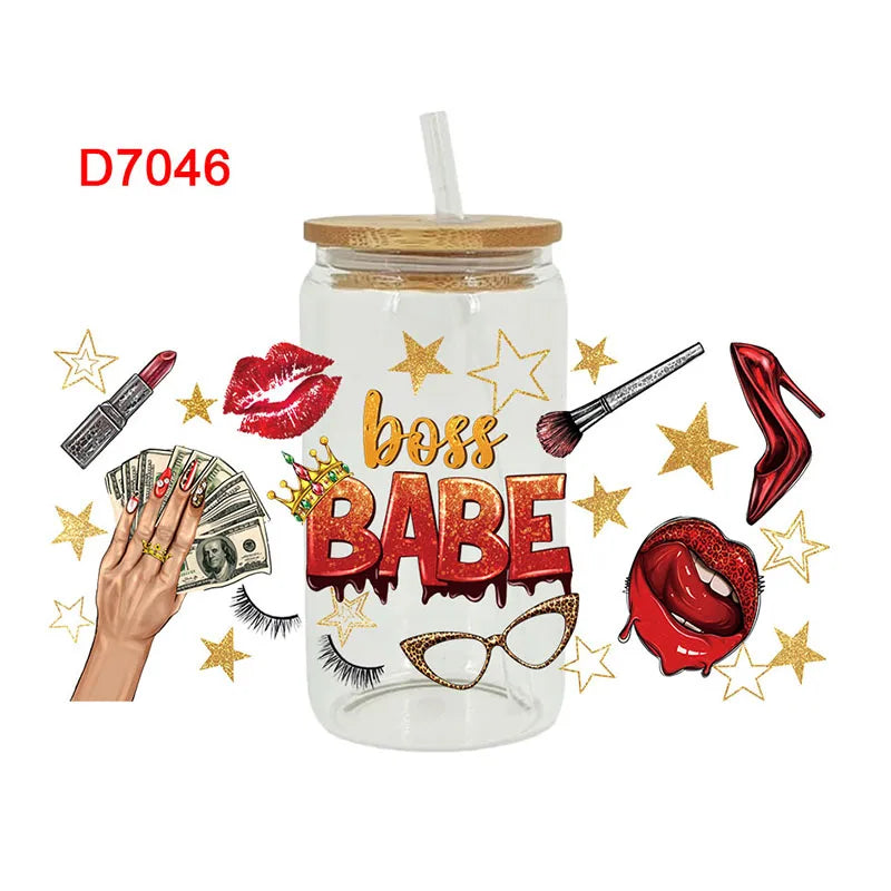 UV DTF Stickers Boos Lady Coffee Printed For 16oz Libbey Glasses Wraps D6987